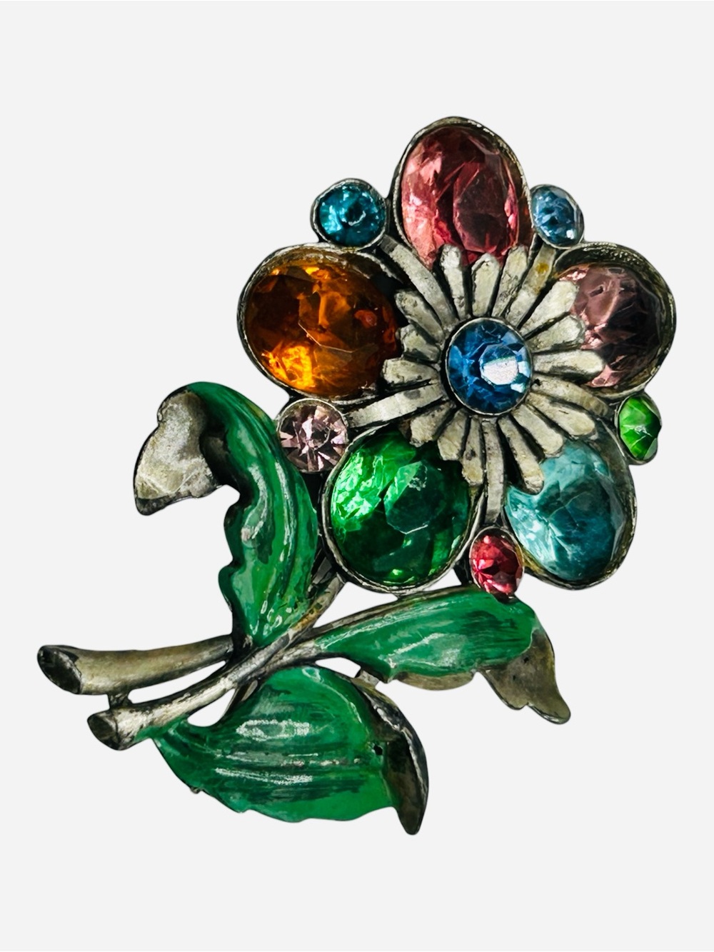 Vintage 1940’s Rhinestone Enamel Potmetal Flower Brooch